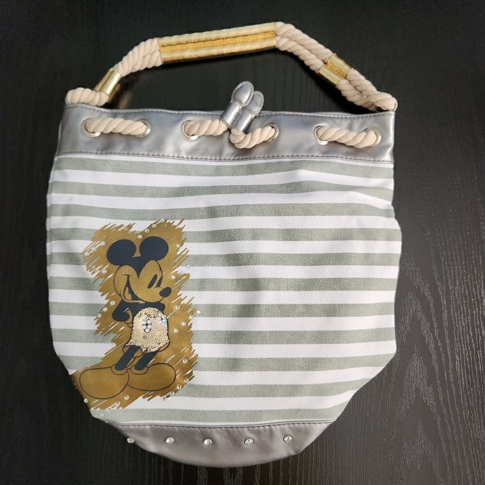 NWOT Disney Mickey Mouse Embellished Bucket Bag Rope Handle Open Top